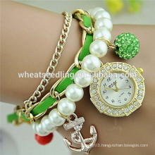 2015 trendy diamond dial anchor and shambala beads pearl strap bracelet women watch